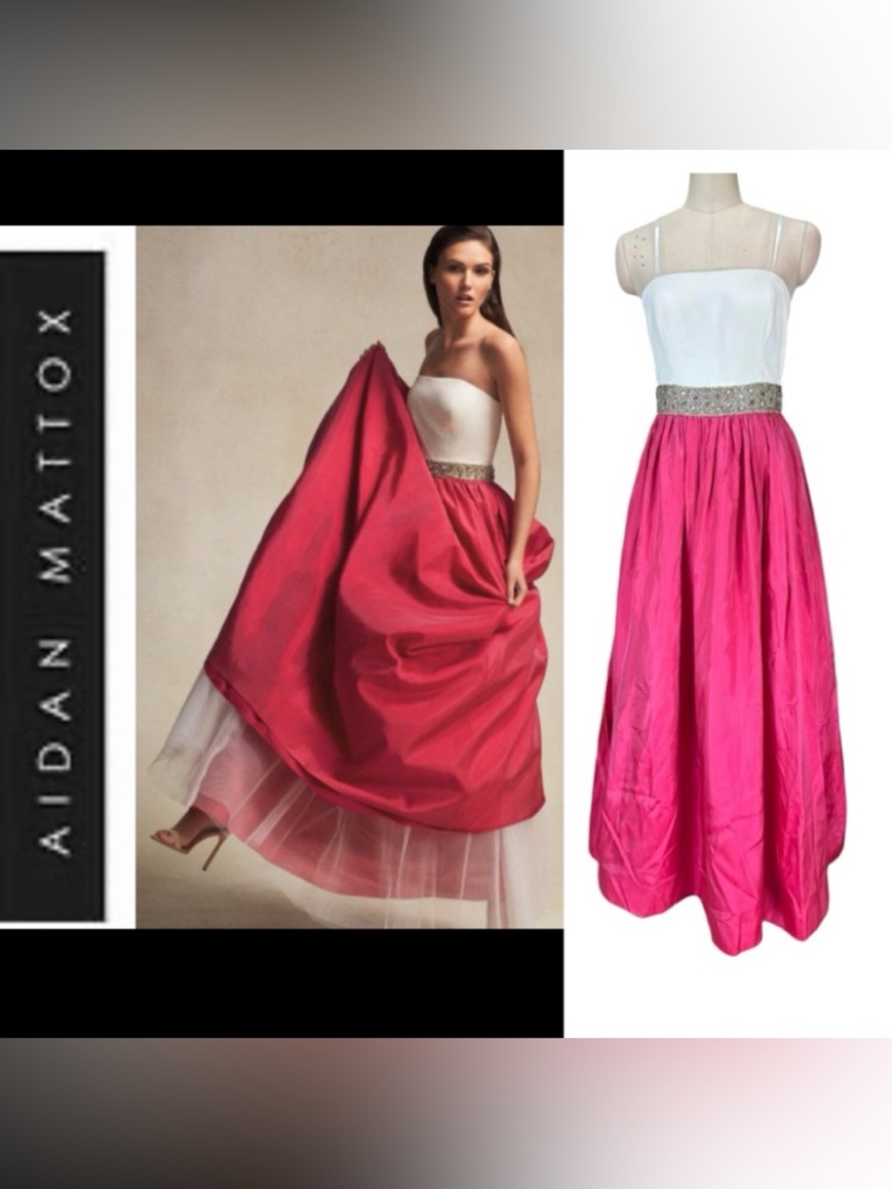 Aidan Mattox Evening Long Gown With Beaded Waist. Hot pink and cream top. Size 6